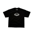 Black t-shirt with a white logo on a transparent background