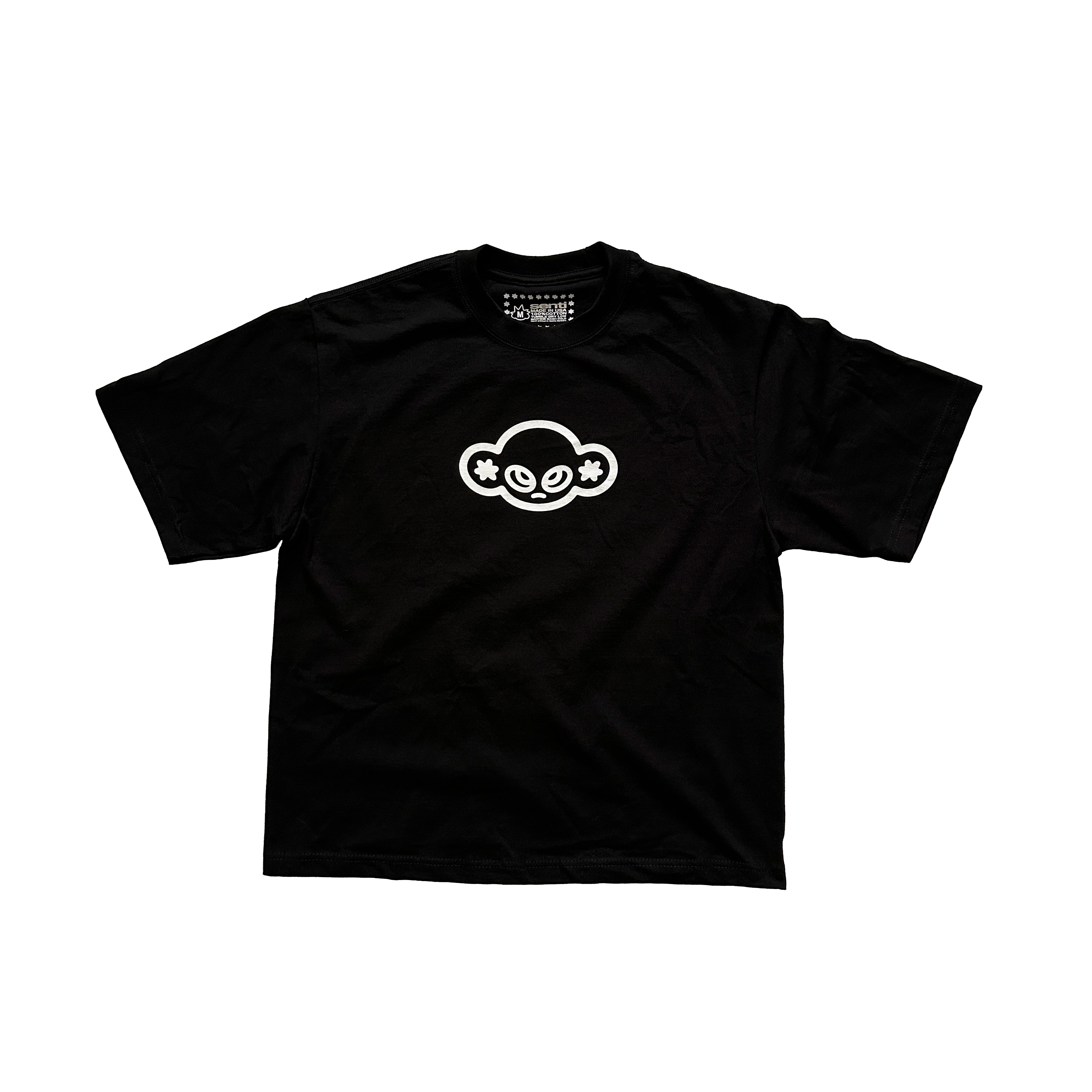 Black t-shirt with a white logo on a transparent background