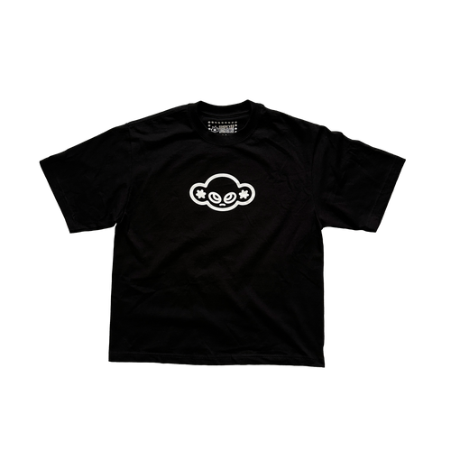Black t-shirt with a white logo on a transparent background